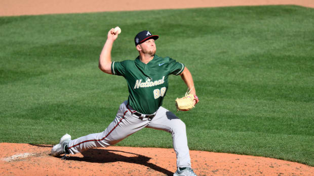 Jul 8, 2023; Seattle, Washington, USA; National League Futures relief pitcher Spencer Schwellenbach (88) of the Atlanta Braves pitches to the American League during the fifth inning of the All Star-Futures game at T-Mobile Park.